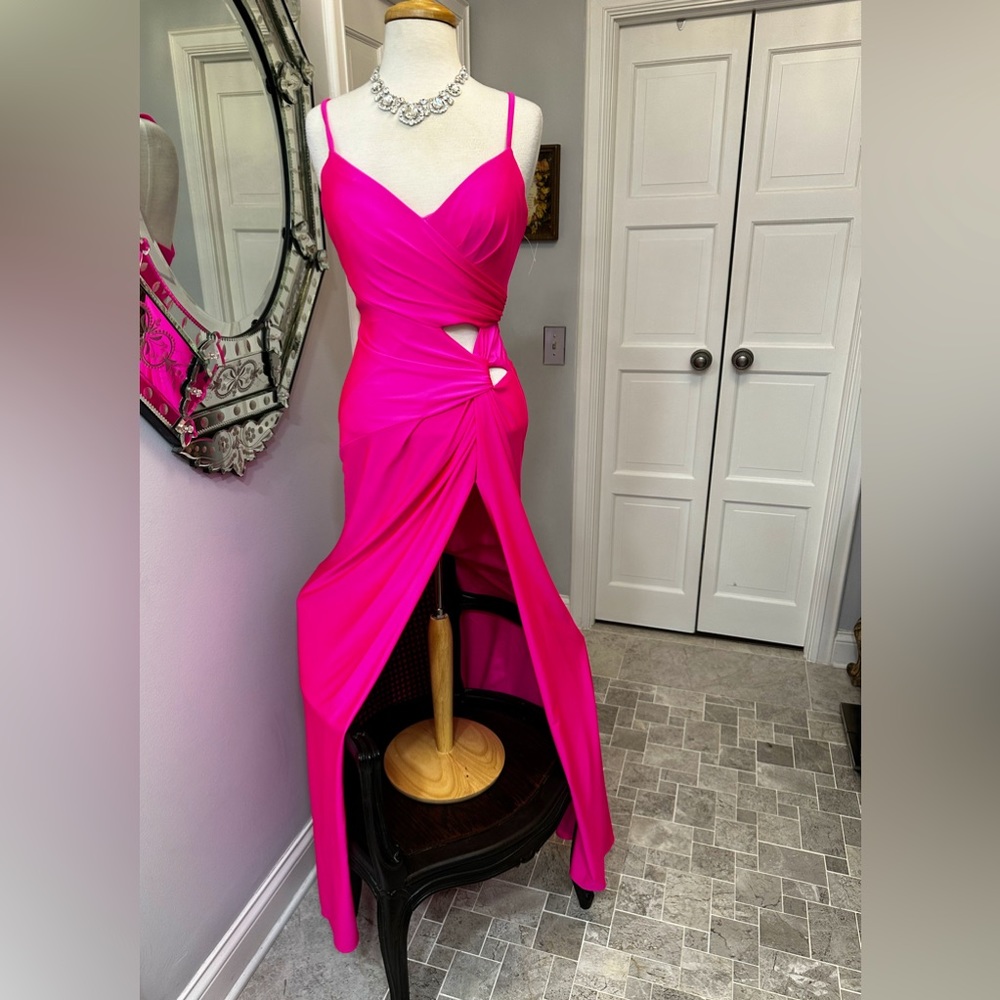 New La Femme Hot Pink Cut Out Cocktail Prom Gala Wedding Party Hi Slit Gown - Picture 9 of 17